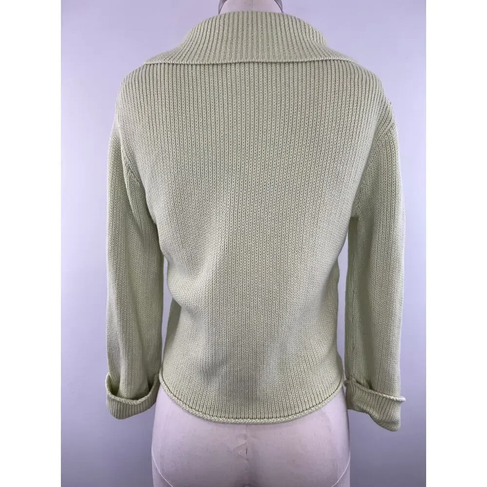 White + Warren Light Green Cotton Chunky Knit Open Cardigan Sweater Medium M